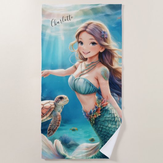 Serviette De Plage Sous la mer Sirène personnalisée (Devant)