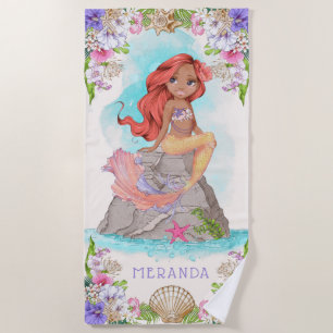 Serviette De Plage Sous la mer Sirène rose et pourpre (peau foncée)