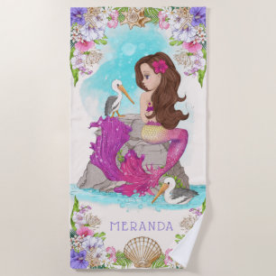 Serviette De Plage Sous la sirène rose et pourpre de la mer (Brunette