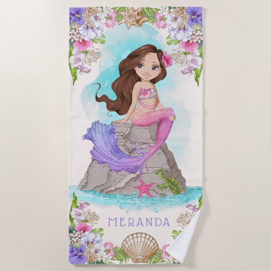 Serviette De Plage Sous la sirène rose et pourpre de la mer (Brunette (Devant)