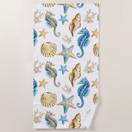 Serviette De Plage Sous l'hippocampe de bleu et d'or de mer (Devant)