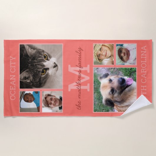 Serviette De Plage Souvenirs Coral Monogramme 6 Photo Collage (Devant)