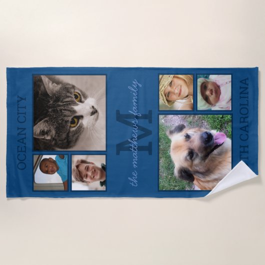 Serviette De Plage Souvenirs Monogramme bleu classique 6 Collage de p (Devant)