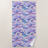 Serviette De Plage Sparkly rainbow and unicorns on clouds (Devant)