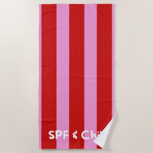 Serviette De Plage 'SPF & Chill' Amusant Été Rouge Et Rose Rayé