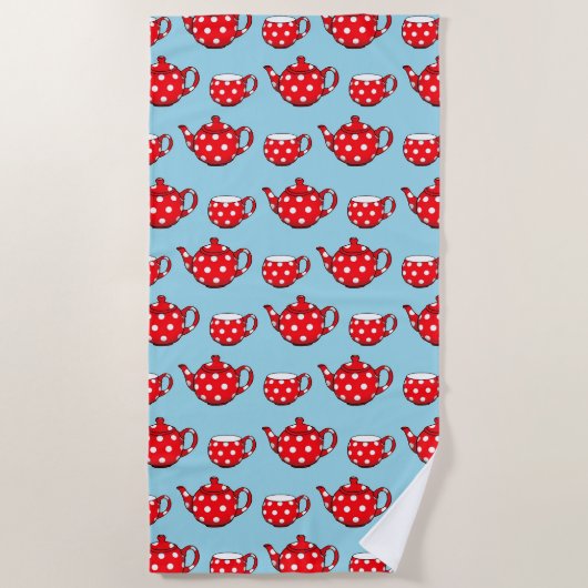 Serviette De Plage Spotty Red Teapot et tasses Motif bleu (Devant)
