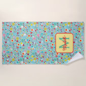 Serviette De Plage Spring Flowers on Aqua Blue Monogram (Devant)