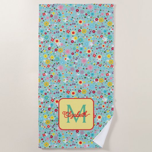 Serviette De Plage Spring Flowers on Aqua Blue Monogram (Devant)