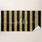 Serviette De Plage Stripes de Parties scintillant noir et or Script N (Devant)