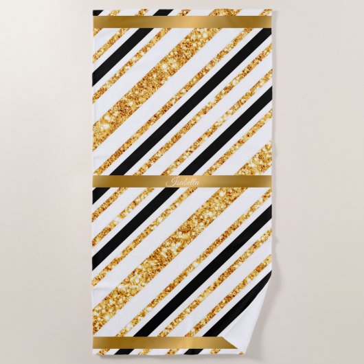 Serviette De Plage Stripes Gold Parties scintillant Black Boho Popula (Devant)