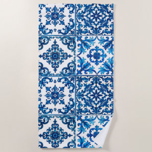 Serviette De Plage style italien, méditerranéen, mosaïque, bleu,