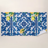 Serviette De Plage style italien, méditerranéen, mosaïque, bleu, citr (Devant)