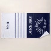 Serviette De Plage Stylé Marine Bleu Stripes Nom Nautique (Devant)