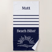 Serviette De Plage Stylé Marine Bleu Stripes Nom Nautique (Devant)