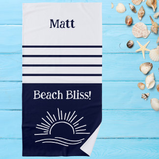 Serviette De Plage Stylé Marine Bleu Stripes Nom Nautique