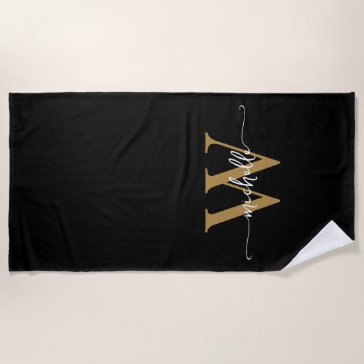 Serviette De Plage Style moderne Black Gold Monogramme Nom Script (Devant)