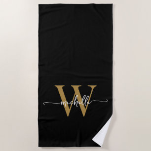 Serviette De Plage Style moderne Black Gold Monogramme Nom Script