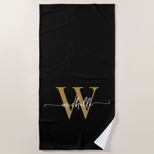 Serviette De Plage Style moderne Black Gold Monogramme Nom Script (Devant)