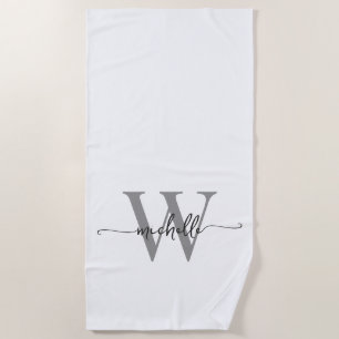 Serviette De Plage Style Moderne Nom Monogramme Gris Blanc Script
