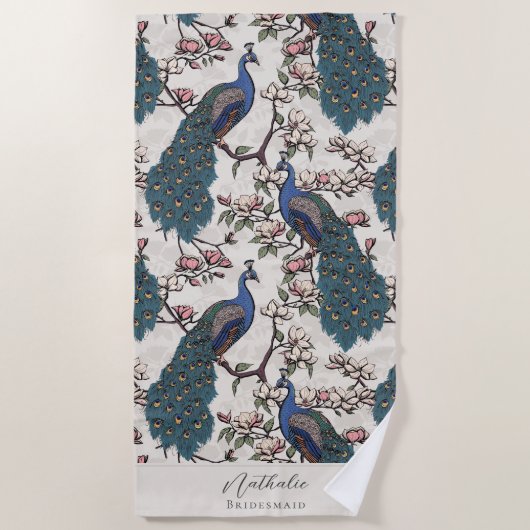 Serviette De Plage Stylé Peacock et Flower Bridesmaid (Devant)