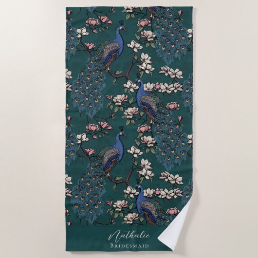 Serviette De Plage Stylé Peacock et Flower Bridesmaid Turquoise (Devant)