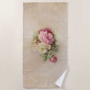 Serviette De Plage Style peint à la main Roses Vintages rose et blanc