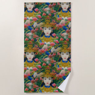 Serviette De Plage Style vintage Asiatique Abstraite fille avec fleur