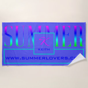 Serviette De Plage Summer Blue Turquoise Rose Nom Monogramme