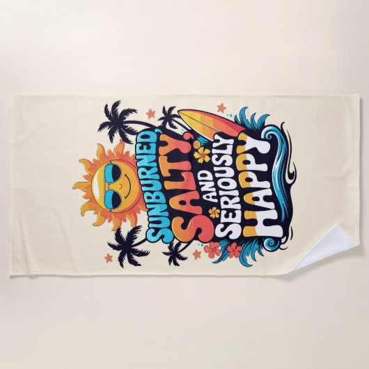 Serviette De Plage Sunburned Salty and Happy – Retro Beach Vibes (Devant)
