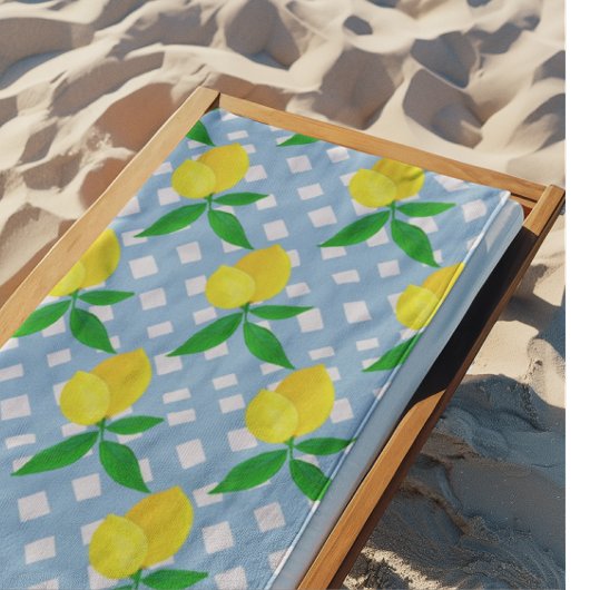 Serviette De Plage Sunny Yellow Lemons Blue White Check