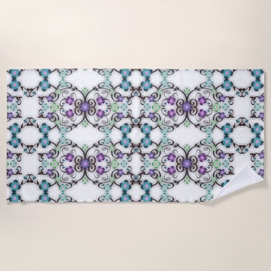 Serviette De Plage Superbe motif de lacis de fleurs bleu violet (Devant)