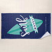 Serviette De Plage Surf Sable & Vagues Retro Turquoise & Navy Surboar (Devant)