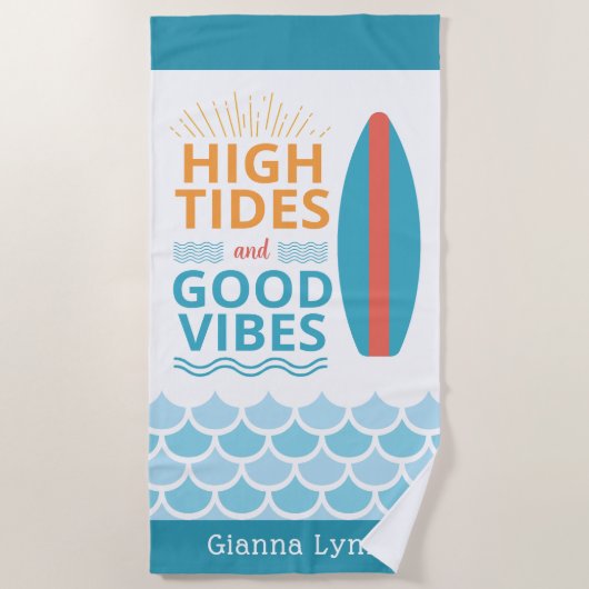 Serviette De Plage Surfboard High Tides Good Vibes Customizable Beach (Devant)