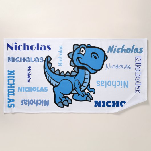 Serviette De Plage T Rex Dinosaur Bleu Nom personnalisé (Devant)