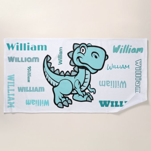 Serviette De Plage T Rex Dinosaur Turquoise Nom personnalisé (Devant)