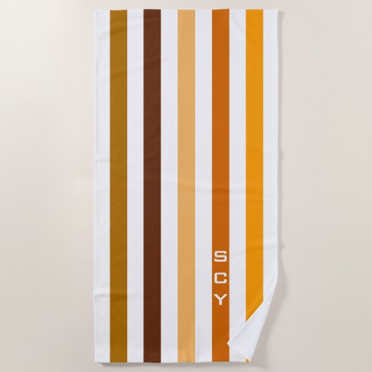 Serviette De Plage Tan Brown Orange Vertical Stripes Monogramme (Devant)