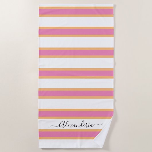 Serviette De Plage Tangerine rose Blanc moderne Preppy Stripes Plage (Devant)