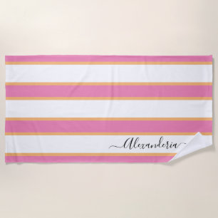 Serviette De Plage Tangerine rose Blanc moderne Preppy Stripes Plage