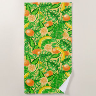 Serviette De Plage Tangerines, bananes et feuilles tropicaux