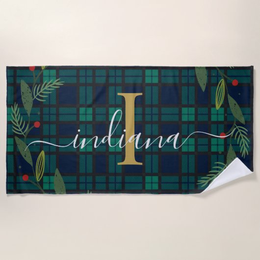 Serviette De Plage Tartan en forme de serrure de monogramme rustique (Devant)