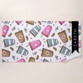 Serviette De Plage Tasses À Café, Haricots À Café, Coeurs, Votre Nom (Devant)