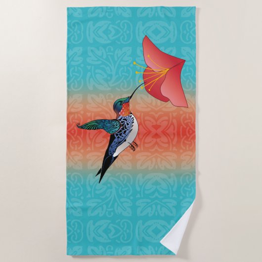 Serviette De Plage Tatouage Colibri Rouge hibiscus Fleur Turquoise (Devant)