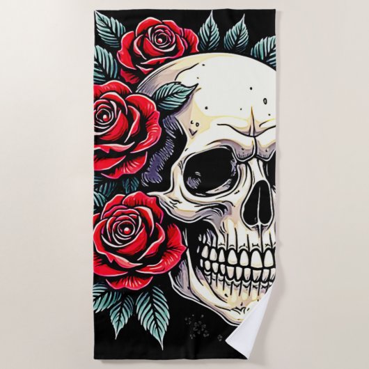 Serviette De Plage Tatouage Rose du crâne (Devant)