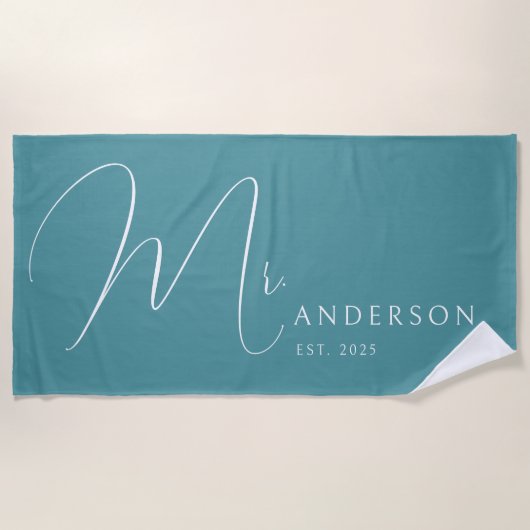 Serviette De Plage Teal Blue Newlyweds Mr Name Personalized Honeymoon (Devant)