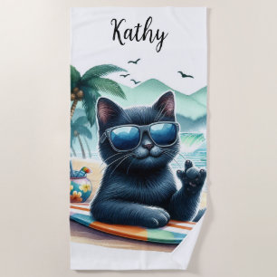 Serviette De Plage Temps de plage Chat noir personnalisé cool