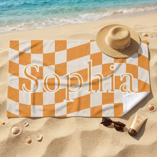 Serviette De Plage Tendance Rétro Orange Damier Nom Personnalisé