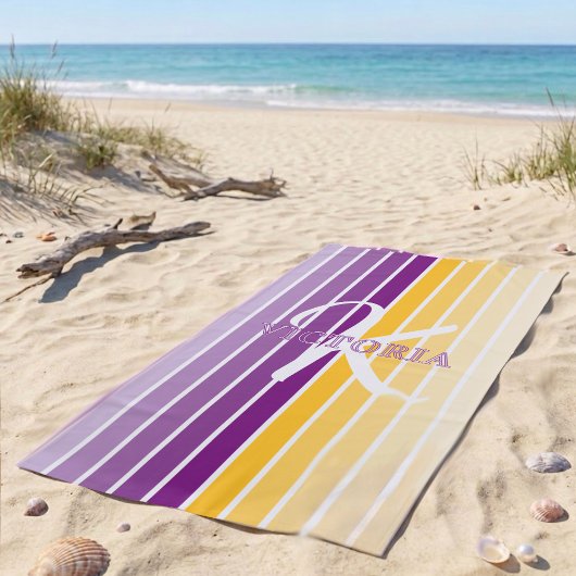 Serviette De Plage Tendance Violet et Jaune Rayures Monogramme Nom