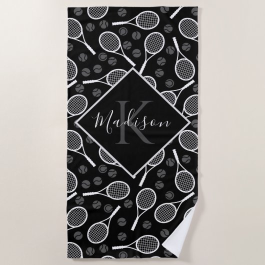 Serviette De Plage Tennis Racket Ball Motif Initial & Nom Monogramme (Devant)