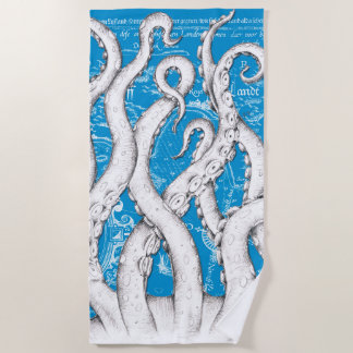 Serviette De Plage Tentacles blancs Octopus Carte Vintage Bleu Nautiq