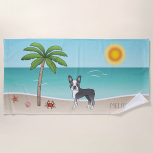 Serviette De Plage Tervueren Boston Terrier bleu sur une plage tropic